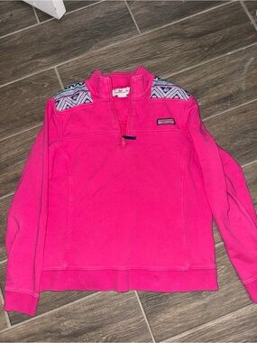 Vineyard Vines Hot Pink Quarter-Zip Pullover with Patterned Shoulder Panels